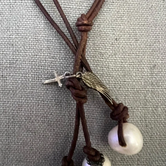 Genuine Brown Leather and White Pearl w Cross w Feather Necklace - Picture 5 of 6